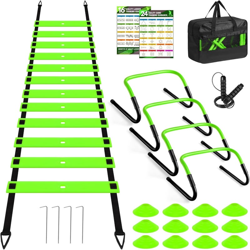 BORNEW Agility Speed Training Equipment Set, Football Practise Set with 20ft Agility Ladder, 12 Cones, 4 Adjustable Hurdles, Jump Rope, Parachute, for Basketball, Soccer, Football, Kids, Youth, Adults - Image 1